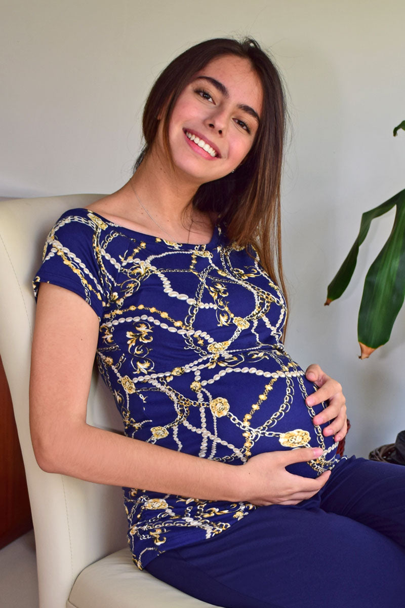 Blusa de Embarazo y Lactancia Barco Estampada Azul Cadenas