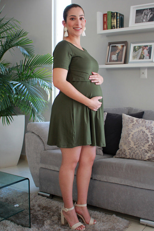 Vestido para Embarazo y Lactancia Princesa Manga Corta Verde
