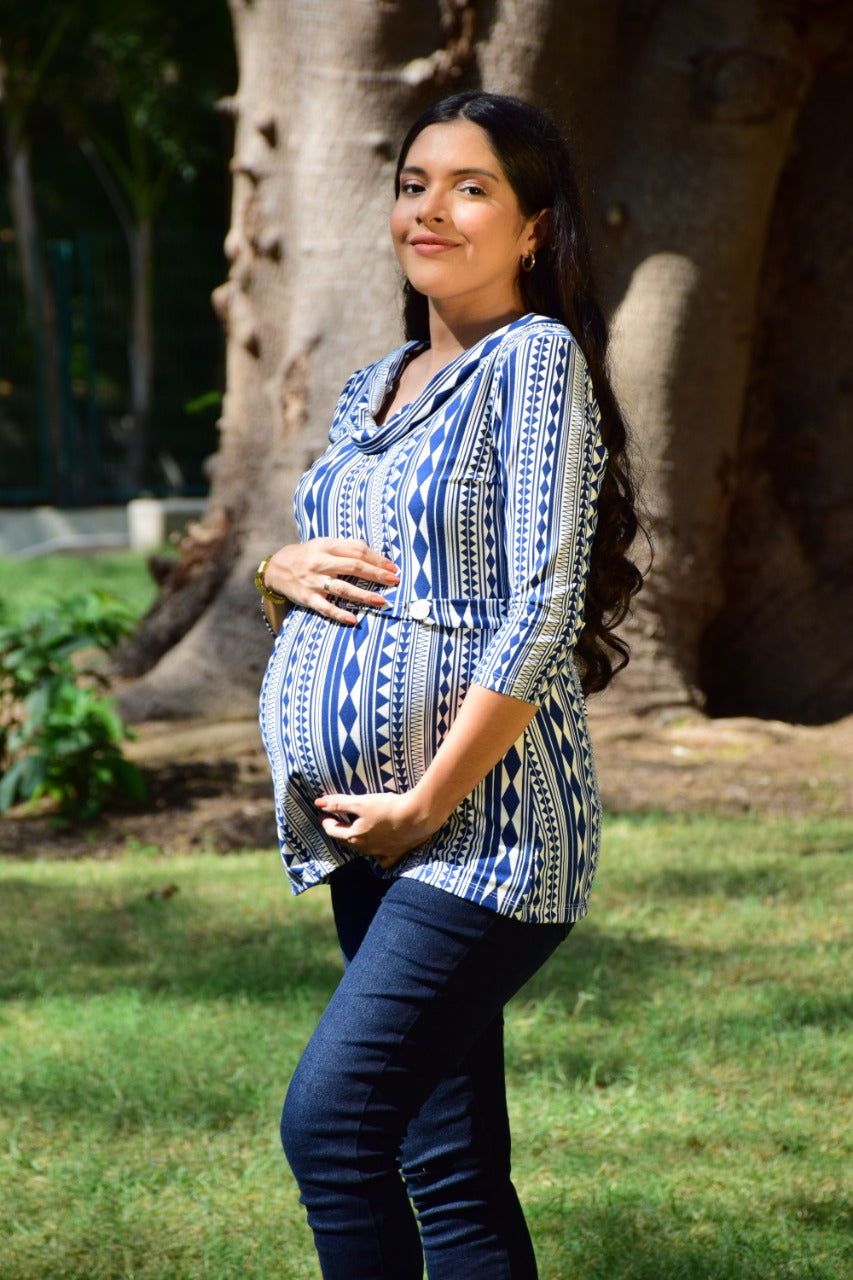 Blusa de Embarazo y Lactancia Caramelo Azul Estampado