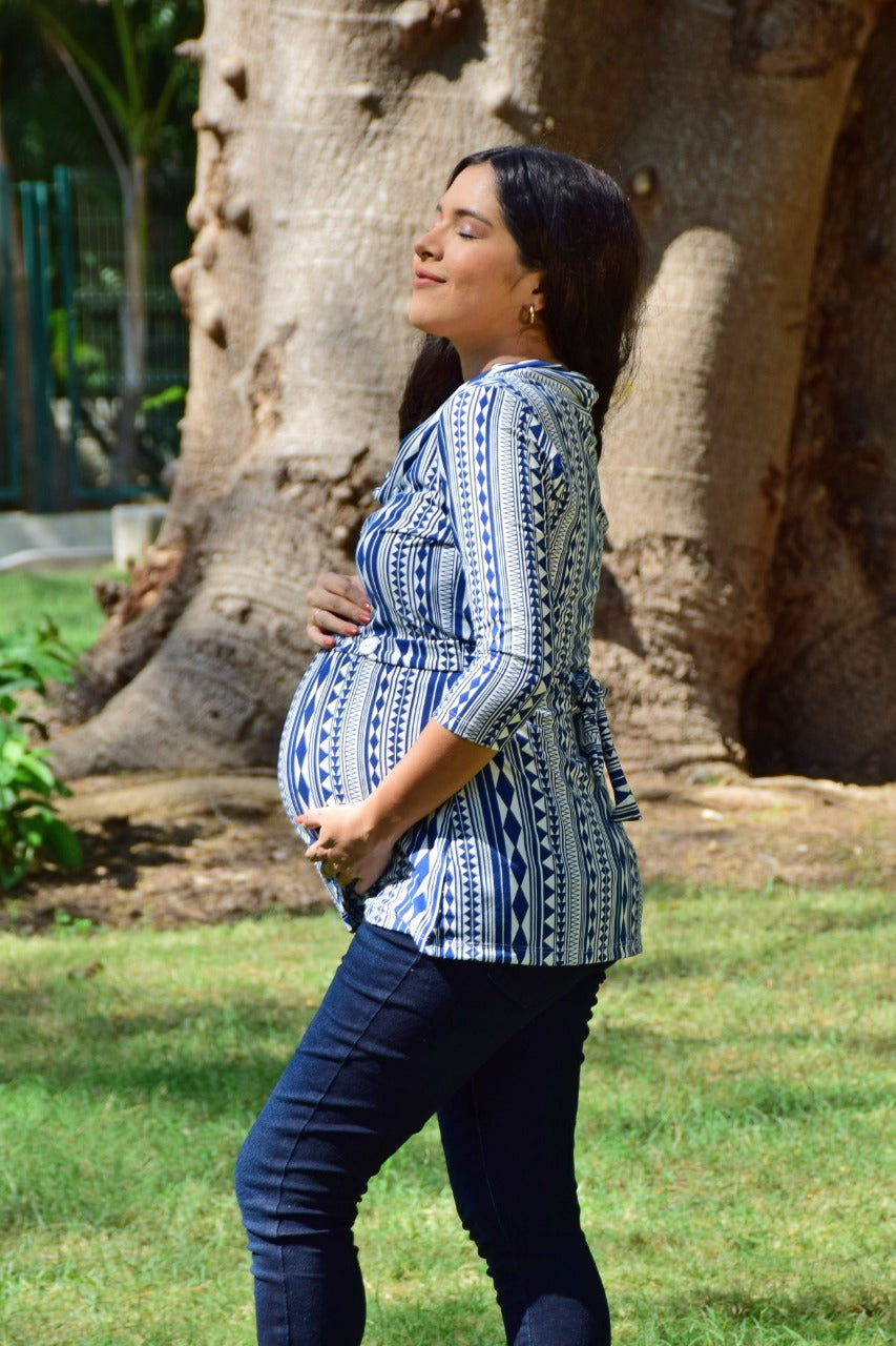 Blusa de Embarazo y Lactancia Caramelo Azul Estampado