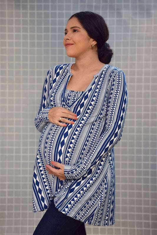 Blusón de Embarazo y Lactancia Azul Estampado Mami