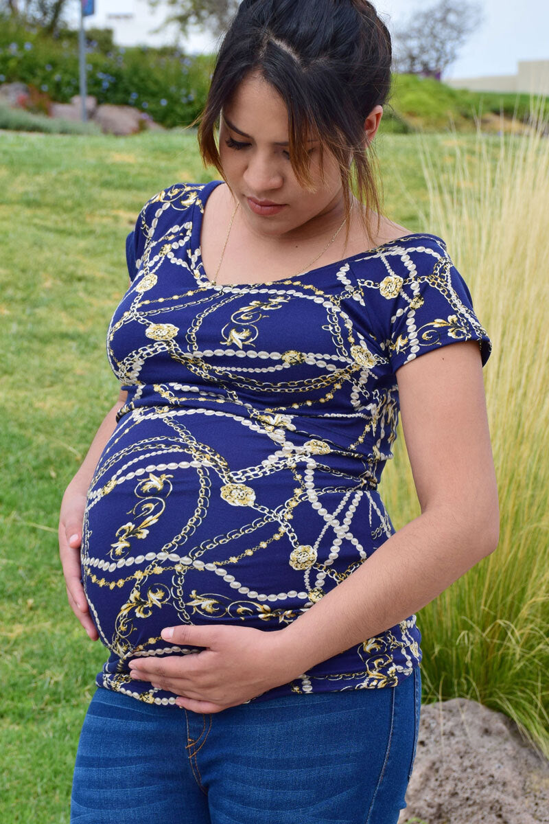 Blusa de Embarazo y Lactancia Barco Estampada Azul Cadenas