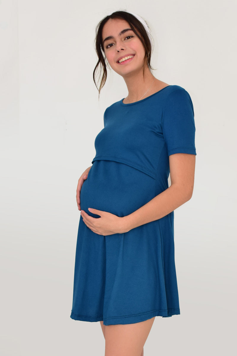 Vestido de Embarazo y Lactancia Princesa Manga Corta Azul